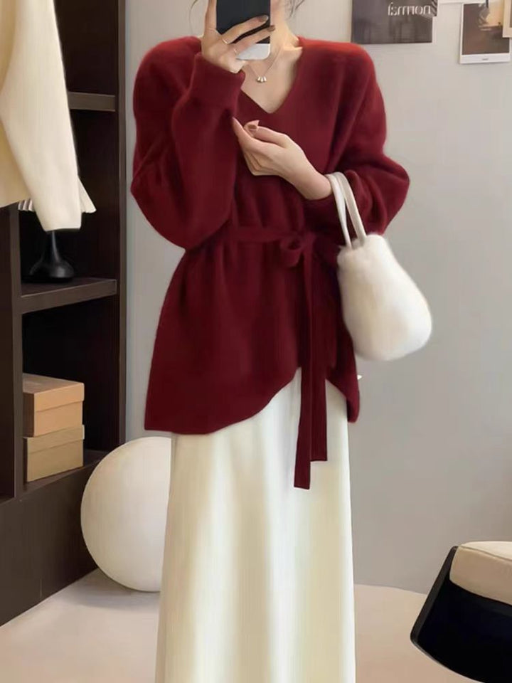 Damen Strickpullover mit V-Ausschnitt und Taillengürtel Drune