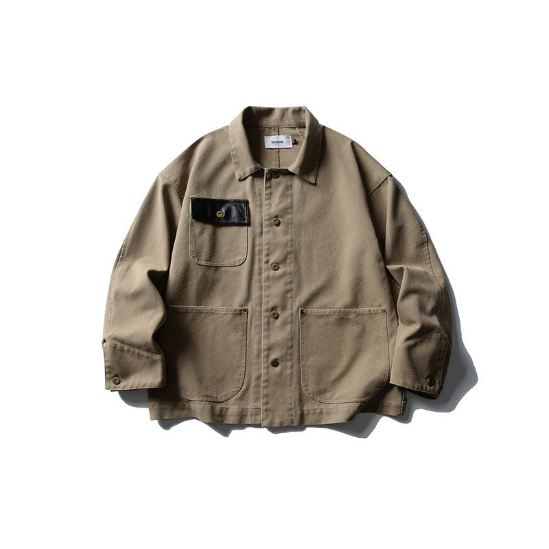 Unisex Boxy-Canvas-Worker-Überhemdjacke mit Lederpatte und aufgesetzten Taschen Drune