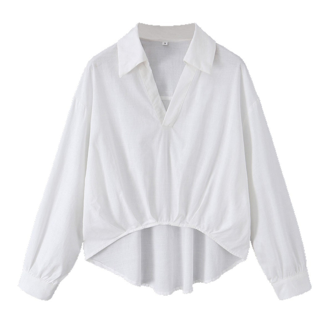 Damen nan lockere Baumwollbluse mit V-Ausschnitt, Hemdkragen und gerafftem Zipfelsaum Drune