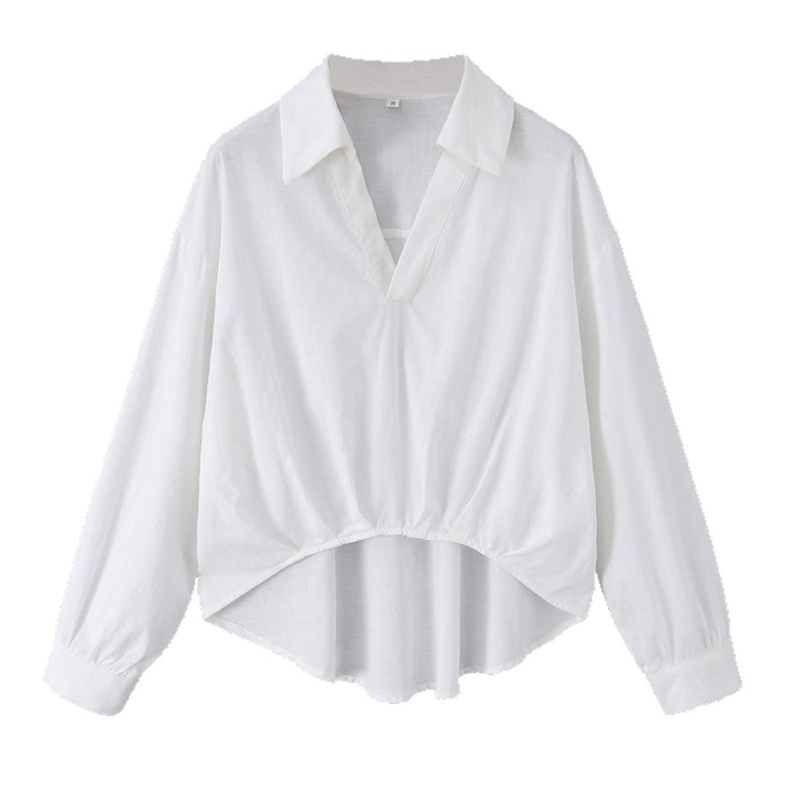Damen nan lockere Baumwollbluse mit V-Ausschnitt, Hemdkragen und gerafftem Zipfelsaum Drune