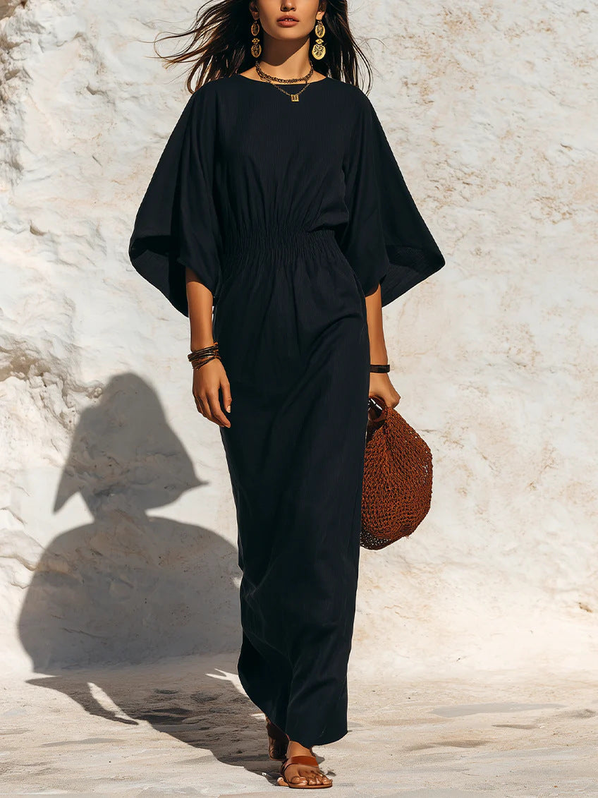 Damen Maxikleid mit Fledermausärmeln und geraffter Smock-Taillierung Drune
