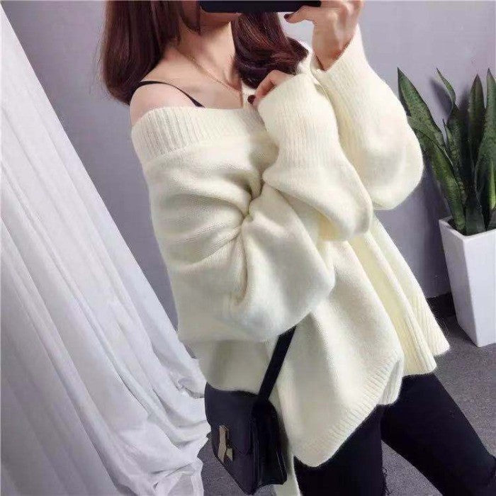 Damen Grob gestrickter V-Ausschnitt Pullover mit lässigem Schnitt und oversized Ärmeln Drune