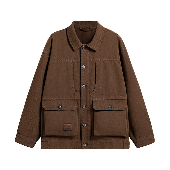 Herren Oversize Canvas-Utility-Jacke mit aufgesetzten Multifunktions-Taschen und Druckknopfleiste Drune