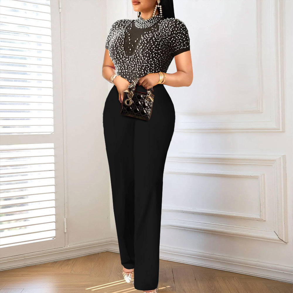 Damen eleganter Jumpsuit mit glitzernden Perlenakzenten Drune