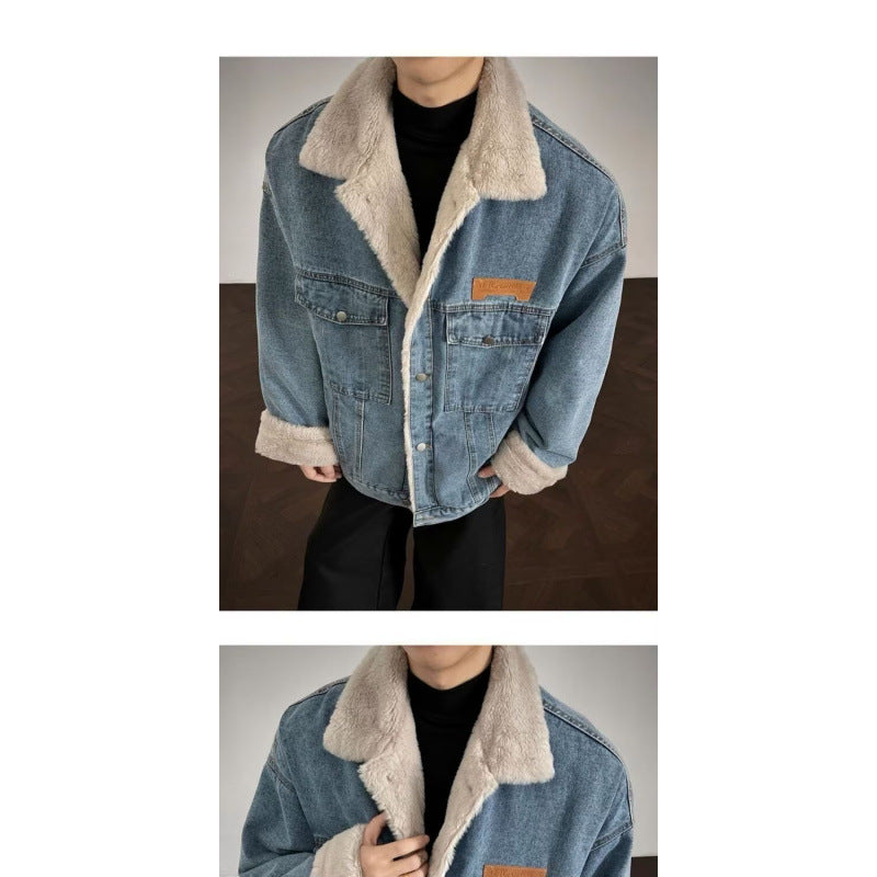 Herren Denim-Jacke mit Kunstfellkragen Drune