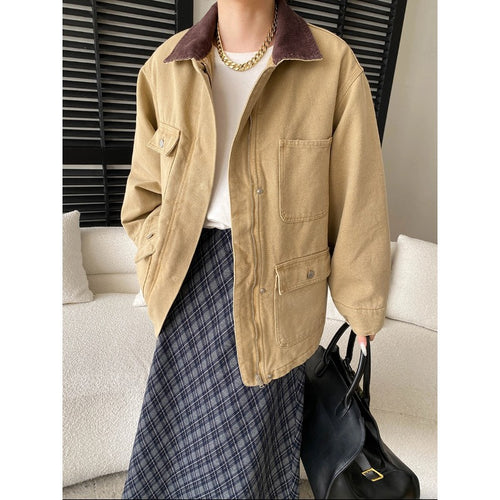 Damen lässige Utility-Jacke mit praktischen Taschen und umschlagbarem Kragen Drune
