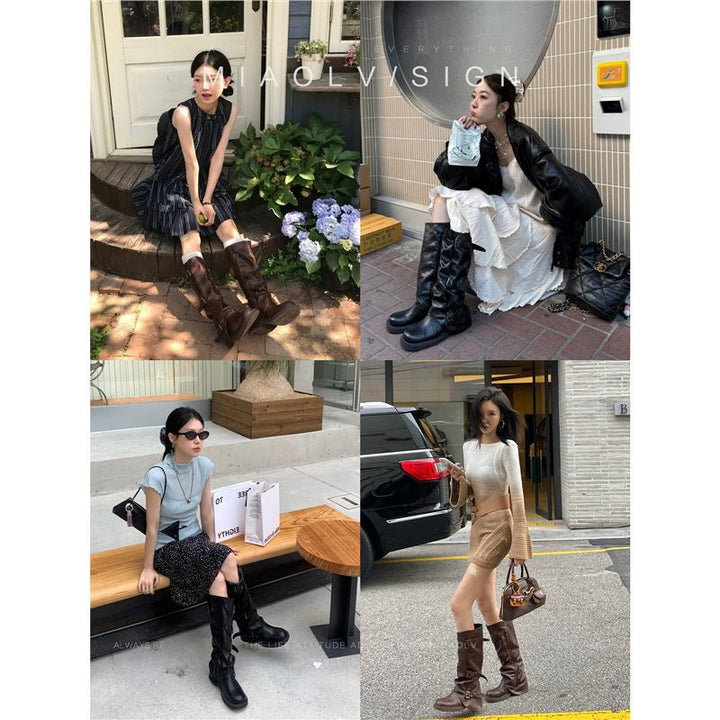 Damen kniehohe Slouch-Boots aus Kunstleder mit verstellbaren Schnallen und profiliertem Plateau-Absatz Drune