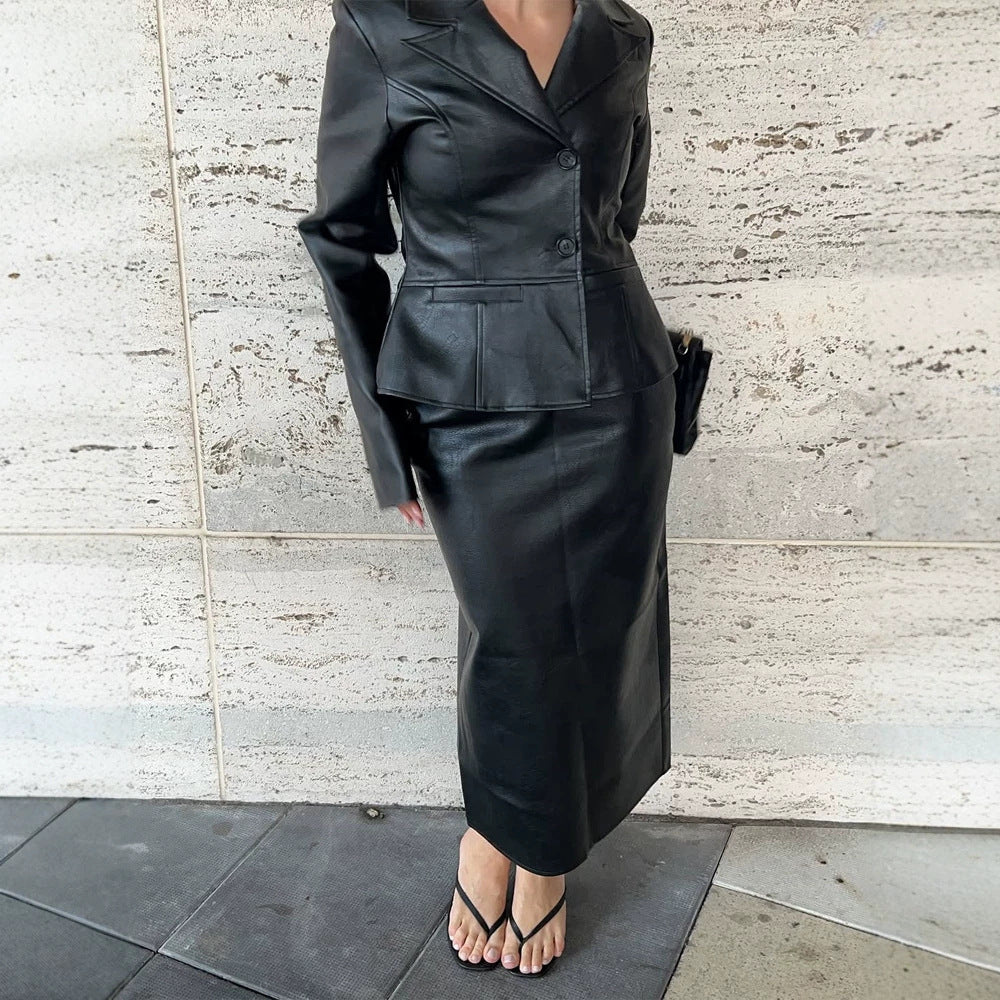 Damen Taillierter Blazer aus Lederimitat mit Wiener Nähten und Reverskragen Drune