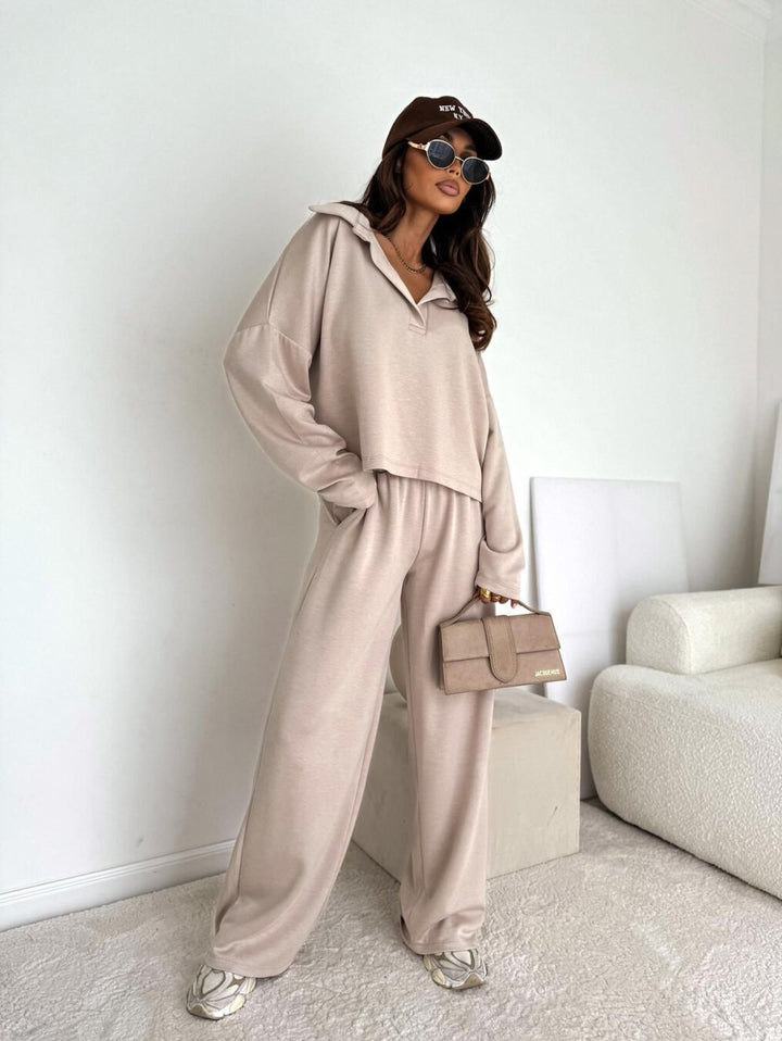 Damen Loungewear-Zweiteiler mit Hemdkragen-Cropped-Sweatshirt und weiter Palazzo-Hose Drune