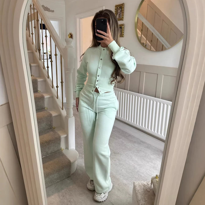 Damen gemütliches Strick-Loungewear-Set mit Knopfleiste Drune