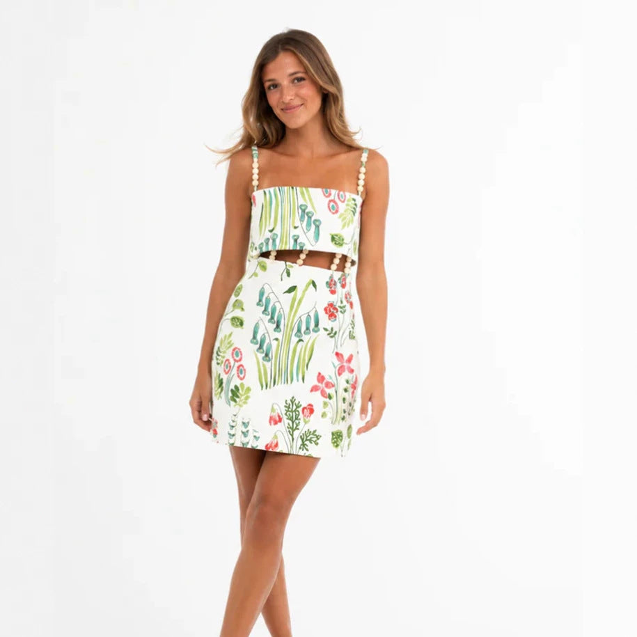 Damen nan zweiteiliges Sommer-Set mit Perlen-Trägern Bandeau-Oberteil und tailliertem Minirock mit Taillenausschnitt Drune
