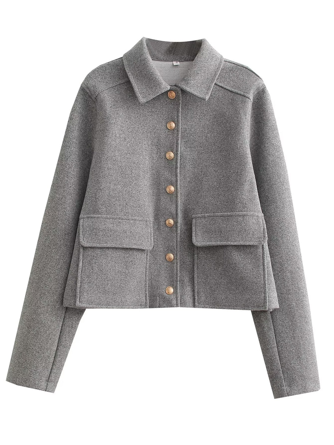 Damen Kurze Boxy-Wollmix-Jacke mit aufgesetzten Pattentaschen und goldfarbenen Zierknöpfen Drune