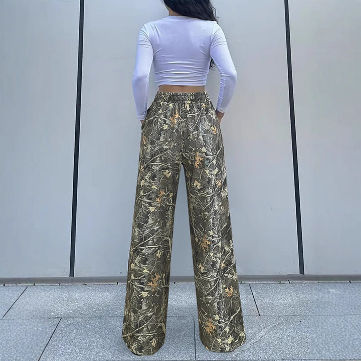 Damen Weite Palazzo-Loungehose im Camouflage-Blattmuster mit Elastikbund, Tunnelzug und Eingrifftaschen Drune