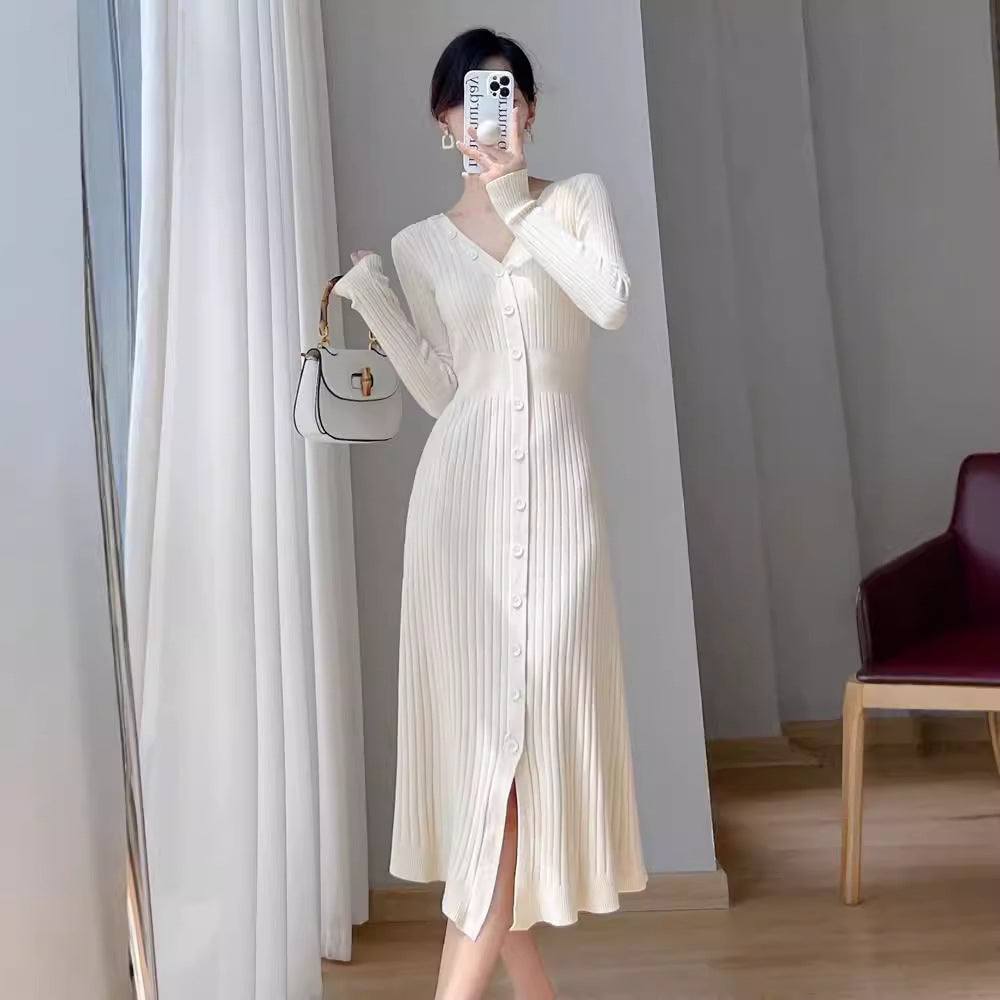 Damen lässiges Midi-Kleid aus feinem Rippstrick mit Knopfleiste Drune