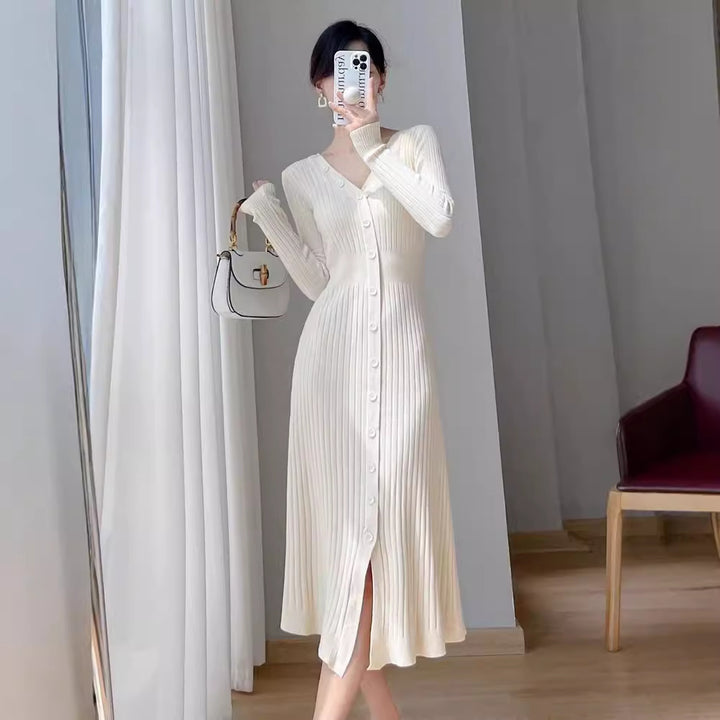 Damen lässiges Midi-Kleid aus feinem Rippstrick mit Knopfleiste Drune