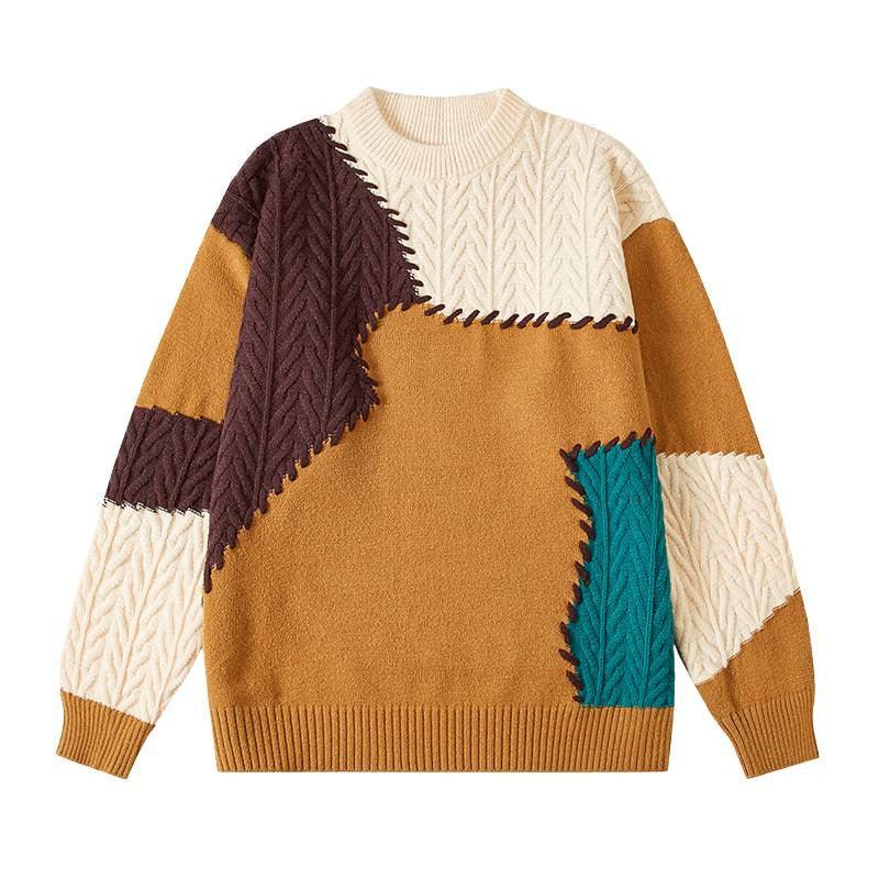 Herren nan strukturierter Patchwork-Strickpullover mit Zopfmuster und Rundhals Drune