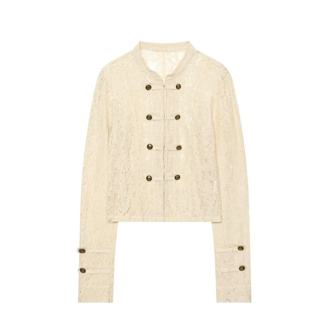 Damen Kurze Spitzenjacke im militärisch inspirierten Stil mit Stehkragen und Zierknopfleiste Drune
