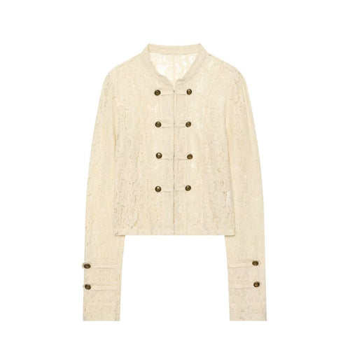 Damen Kurze Spitzenjacke im militärisch inspirierten Stil mit Stehkragen und Zierknopfleiste Drune