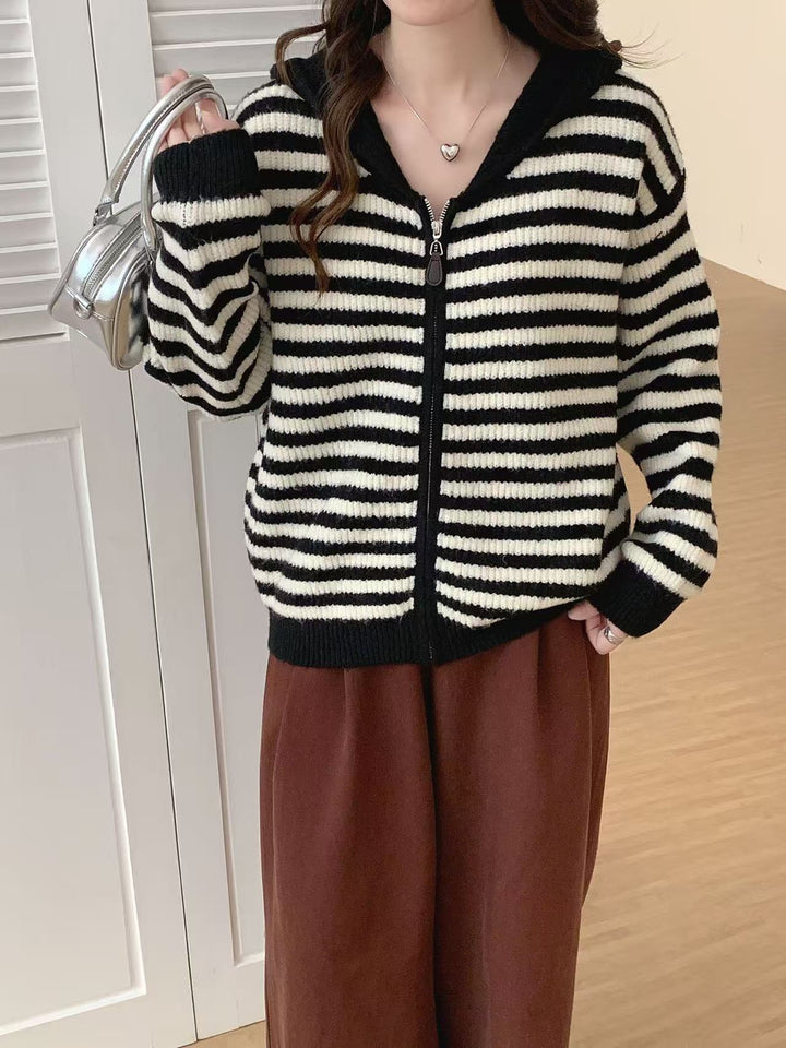 Damen lässiger Strickpullover mit Kapuze und Reißverschluss Drune