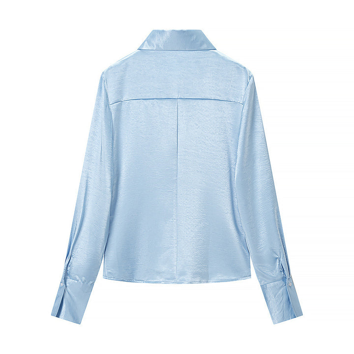 Damen Satinbluse mit taillierten Teilungsnähten, durchgehender Knopfleiste und breiten Manschetten Drune