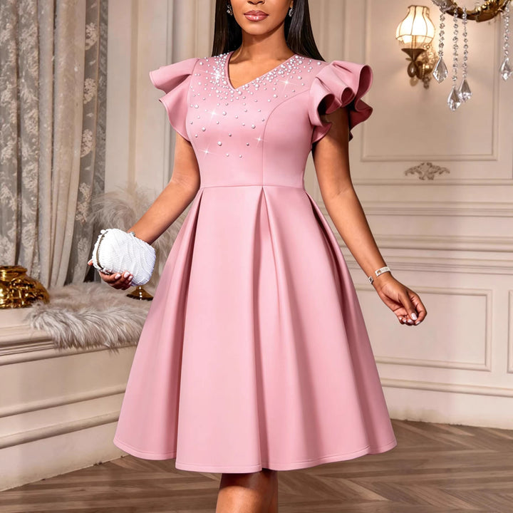 Damen A-Linien Kleid mit glitzernden Perlen und voluminösen Ärmeln Drune