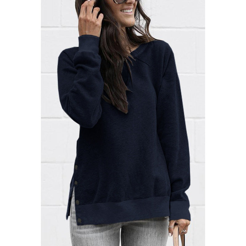 Damen lässiges Sweatshirt mit seitlichen Druckknopfdetails und modischem V-Ausschnitt Drune