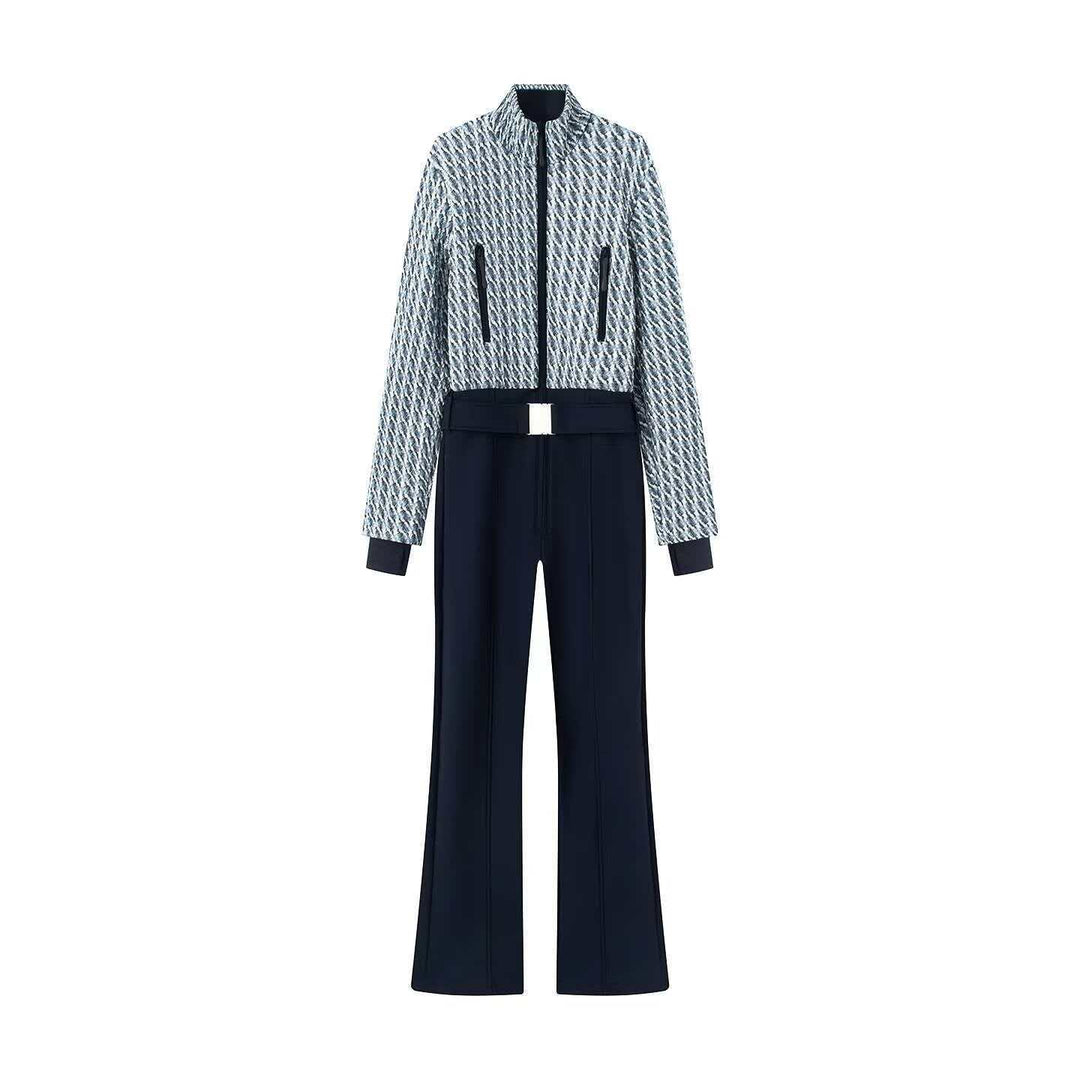 Damen nan kurz geschnittenes Bouclé-Blouson-Set mit Stehkragen, verdecktem Reißverschluss und High-Waist Schlaghose Drune