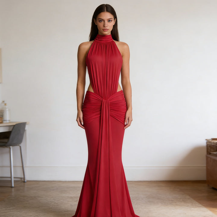 Damen Elegantes Drapiertes Abendkleid mit tiefem Rückenausschnitt und figurbetontem Schnitt Drune