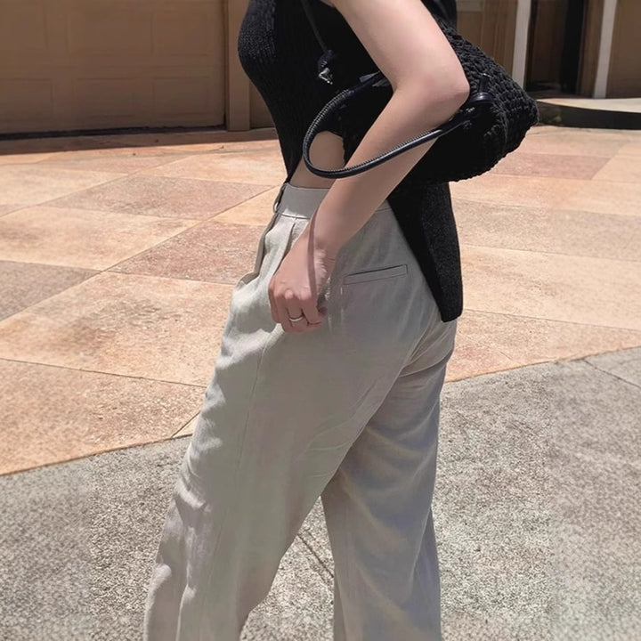 Damen Weite Leinenmix-Hose mit hoher Taille, Bügelfalte und Eingrifftaschen Drune