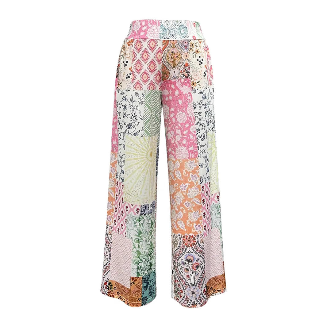 Damen Komfortable weite Stoffhose mit buntem Patchwork-Muster Drune