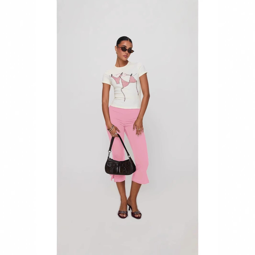 Damen T-Shirt mit kreativem Druck und figurbetontem Schnitt Drune