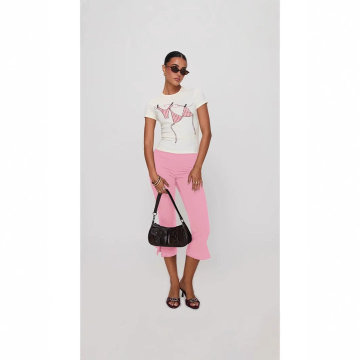 Damen T-Shirt mit kreativem Druck und figurbetontem Schnitt Drune