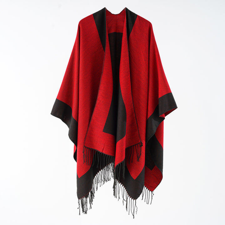 Damen Oversize-wendbarer Capeponcho aus Wollmix mit Fransen Drune