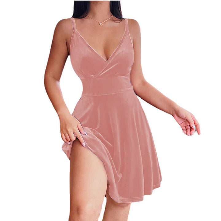 Damen edles Samtkleid im A-Linien Schnitt mit tiefem V-Ausschnitt und seitlichem Schlitz Drune