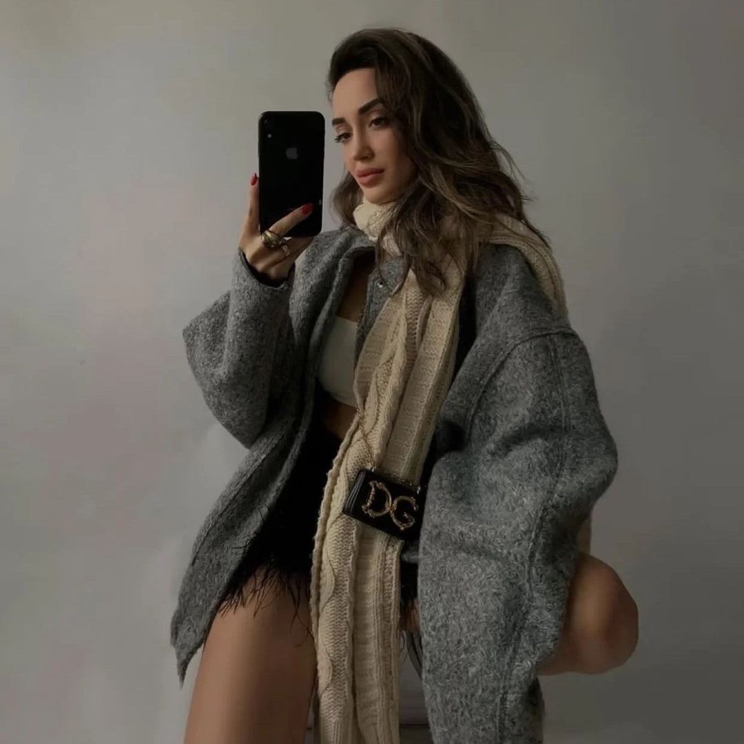 Damen Oversize-Fleecejacke mit Stehkragen, aufgesetzten Fronttaschen und elastischem Saum Drune