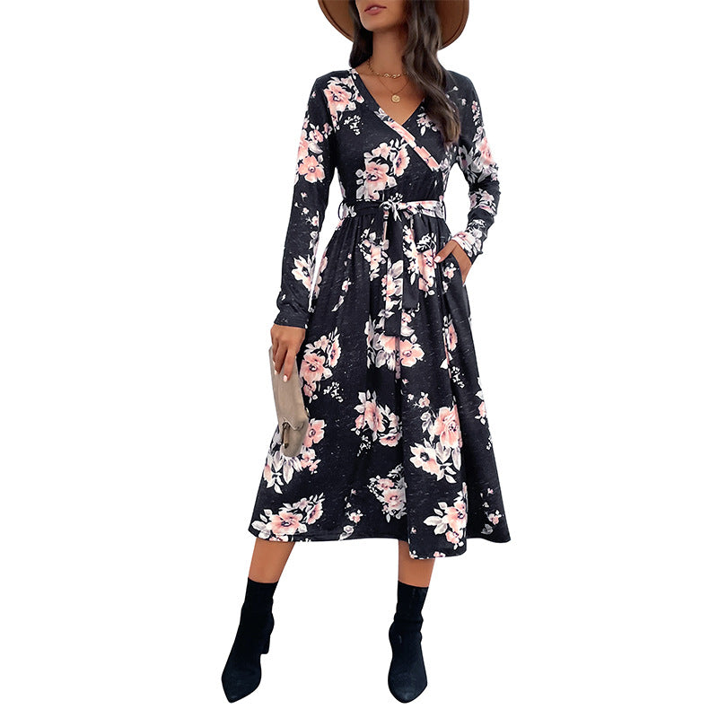 Damen Wickel-Midikleid mit tailliertem Bindegürtel, ausgestelltem Rock und V‑Ausschnitt Drune
