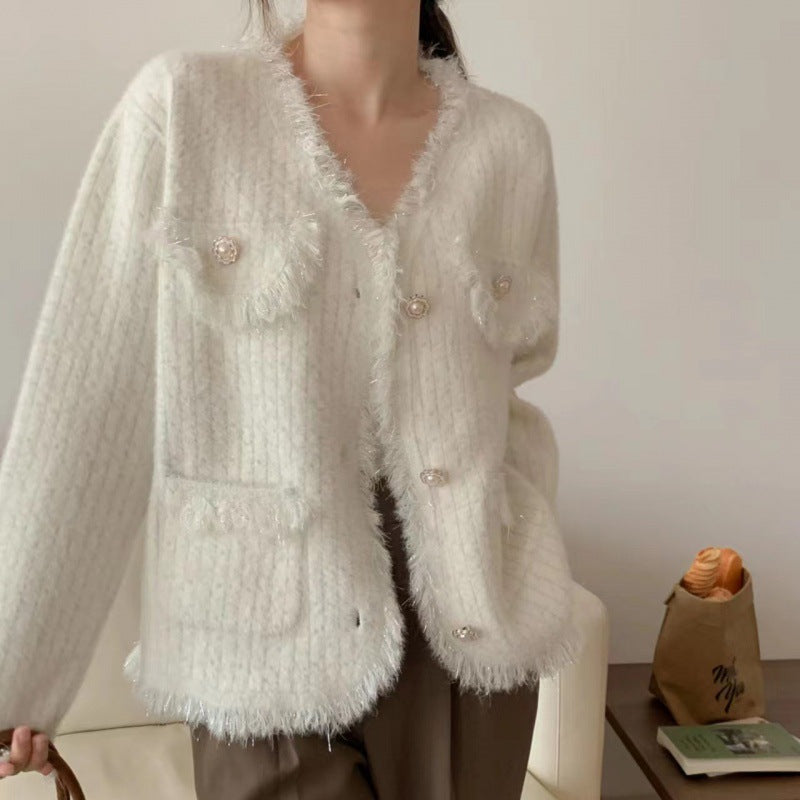 Damen Strickjacke mit dekorativen Perlen und fransigen Details Drune