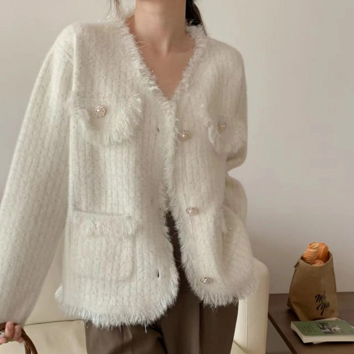 Damen Strickjacke mit dekorativen Perlen und fransigen Details Drune