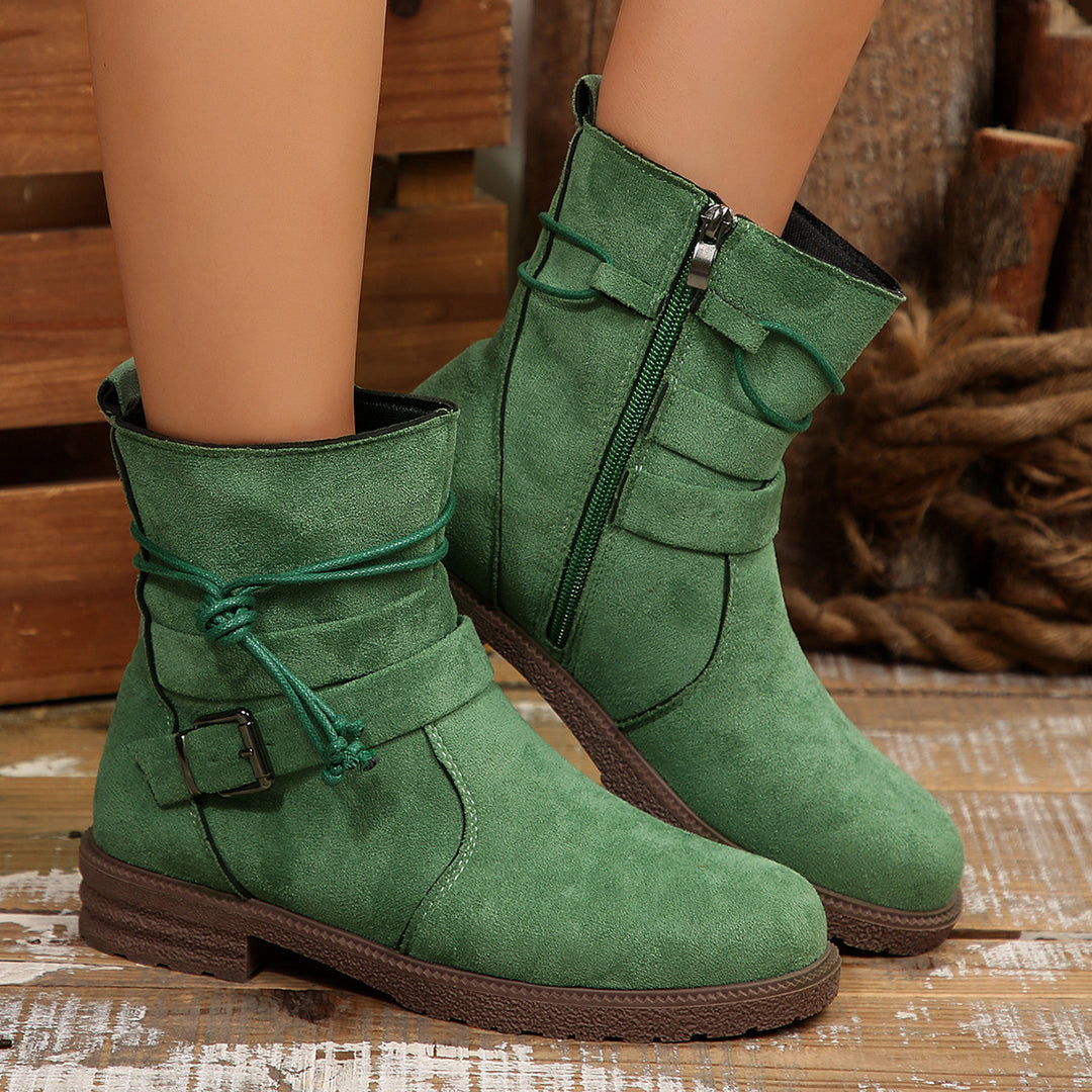 Damen nan knöchelhohe Velourslederoptik-Stiefelette mit Leopardenprint-Falte, seitlichem Reißverschluss und dekorativer Schnalle Drune