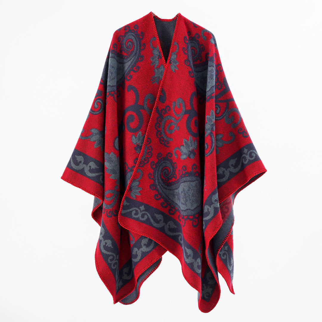 Damen Wollmix-Poncho-Umhang mit Paisley-Jacquard und Ziernaht Drune