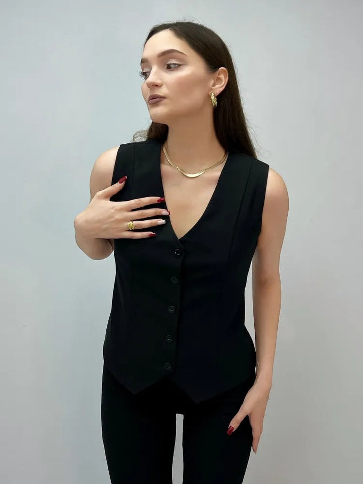 Damen ärmellose Bluse mit Knopfleiste Drune