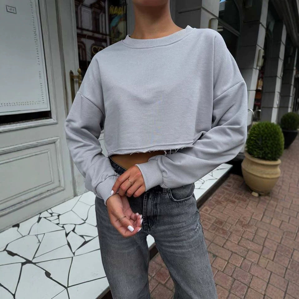Damen Kurzgeschnittenes Sweatshirt mit ausfransendem Saum und überschnittener Schulter Drune