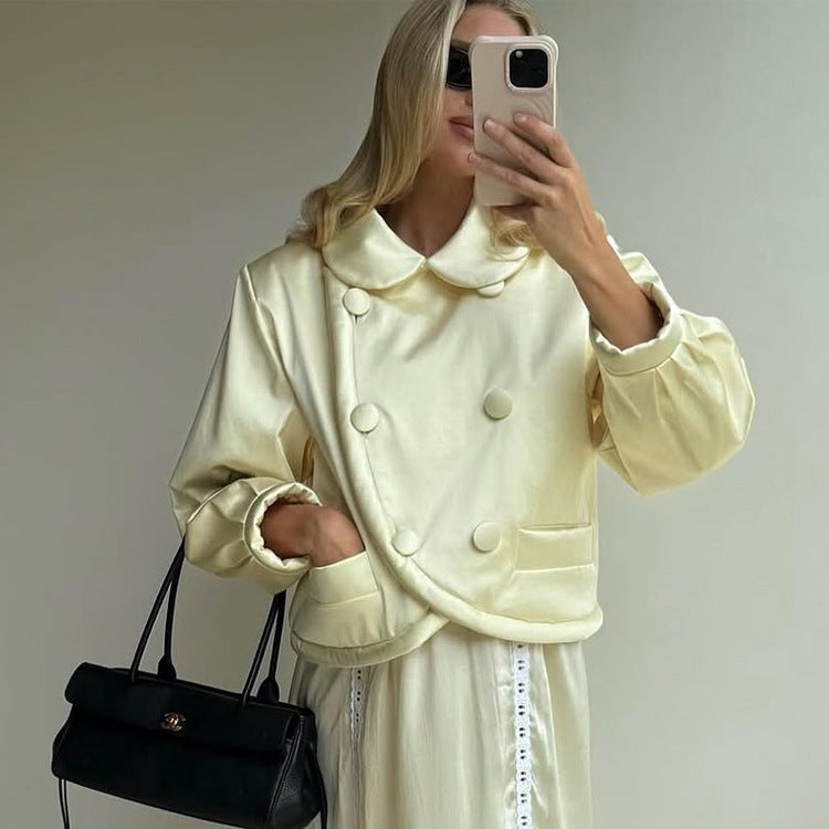 Damen Kurzgeschnittene gesteppte Jacke mit asymmetrischer Doppelknopfreihe und voluminösen Ärmeln Drune