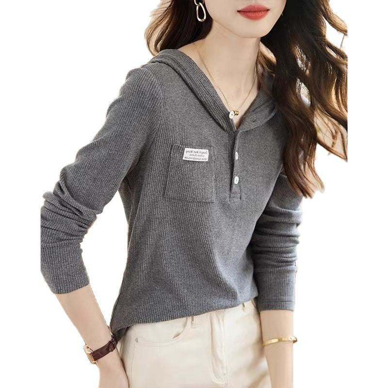 Damen lässiger Hoodie mit Knopfleiste und dekorativer Brusttasche Drune