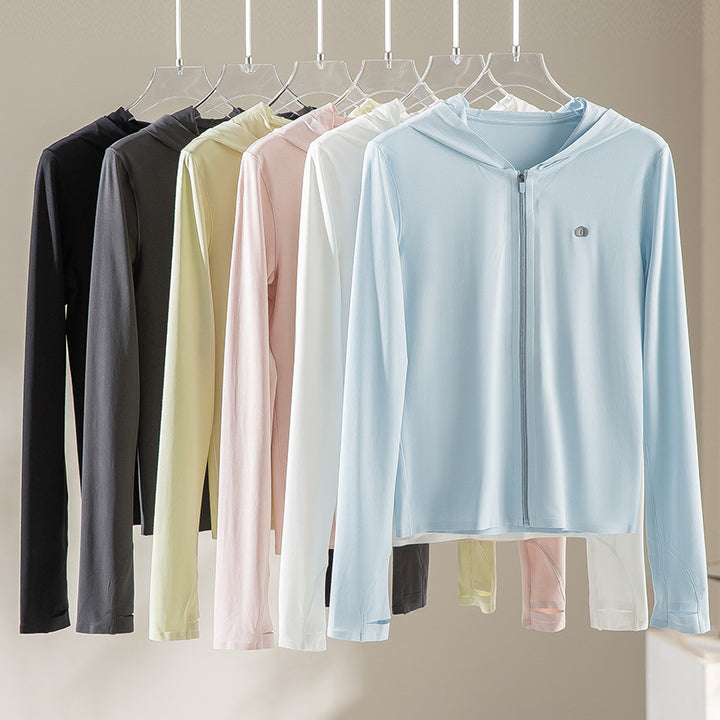 Damen Leichte Kapuzenjacke mit durchgehendem Reißverschluss, Slim‑Fit und Daumenloch Drune