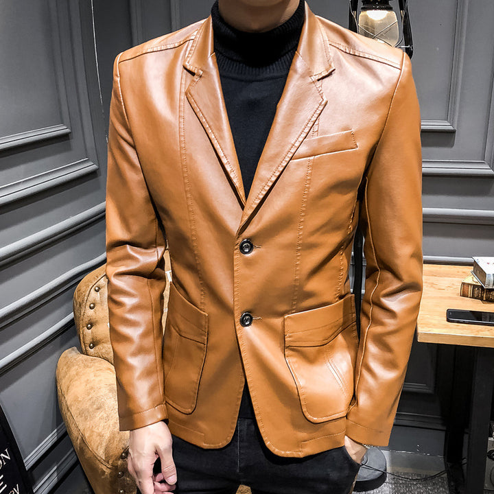Herren Lässiges Slim-Fit Kunstleder-Sakko mit Reverskragen und aufgesetzten Taschen Drune