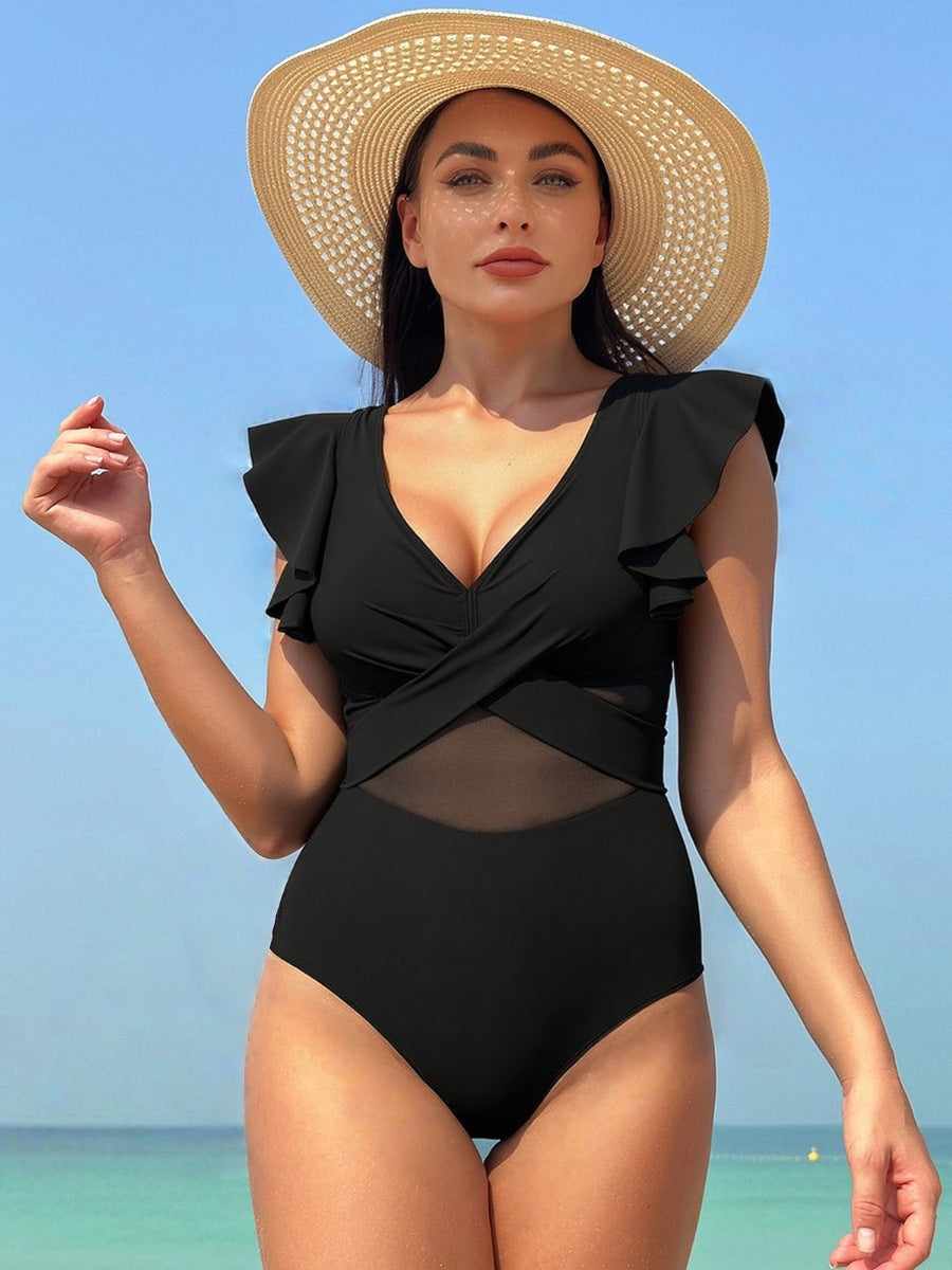 Damen Eleganter Einteiler Badeanzug mit asymmetrischem Rüschendesign Drune