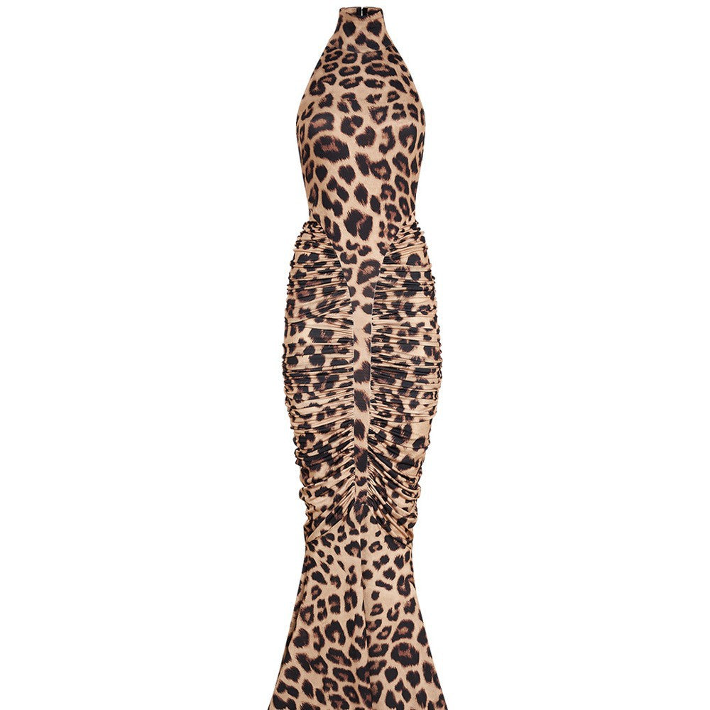 Damen Elegantes Leopardenmuster Maxikleid mit hohen Kragen und raffinierten Schnitten Drune