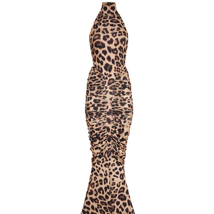 Damen Elegantes Leopardenmuster Maxikleid mit hohen Kragen und raffinierten Schnitten Drune