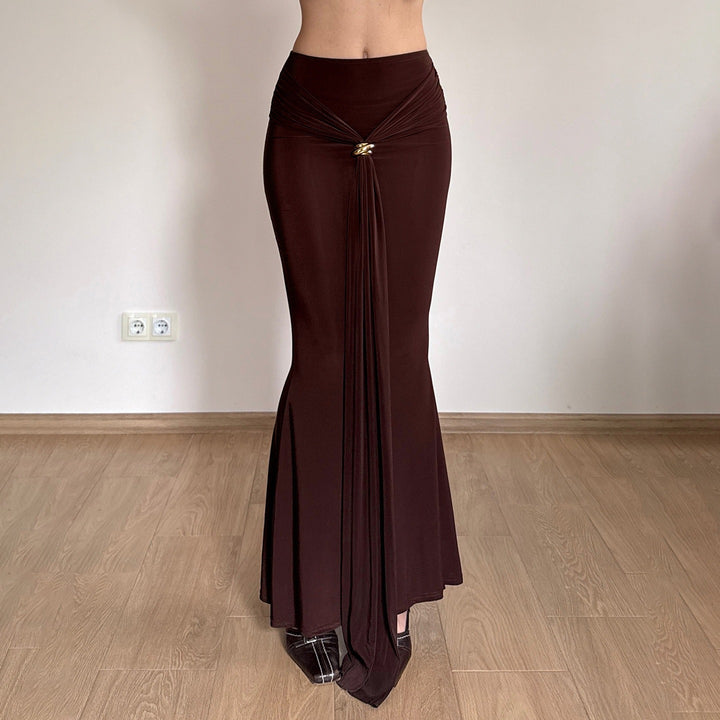 Damen Maxirock mit High‑Waist Wickeldetail, Drapée‑Vorderteil und Metallring Drune